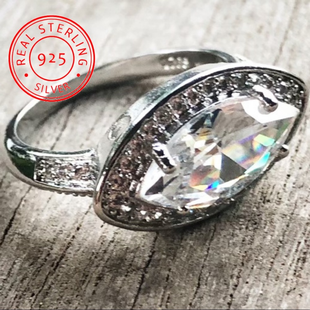 S925 Sterling Silver Sideways Huge Marquise Diamond Halo Ring
